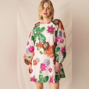 NWT En Crème Floral Organza Bubble Sleeve Mini Dress LARGE